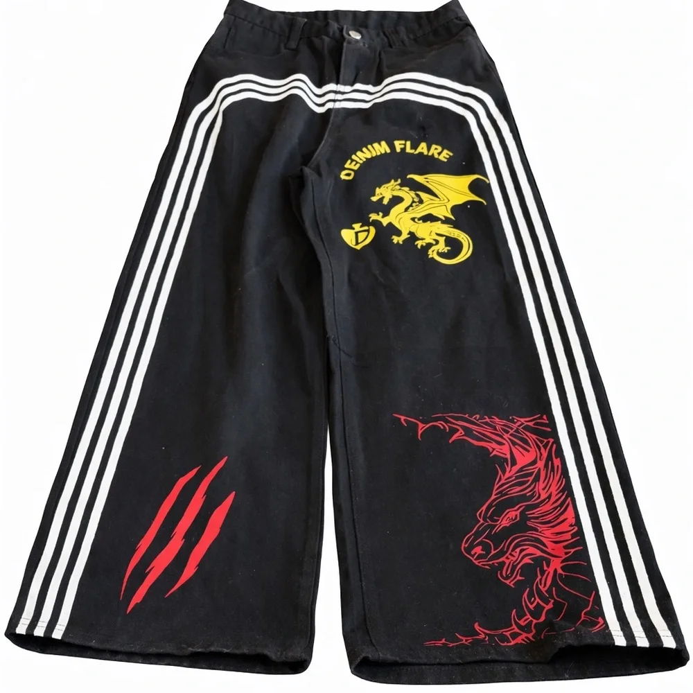 Upsurge Planet Dragon Graphic Wide Leg Track Pants Black